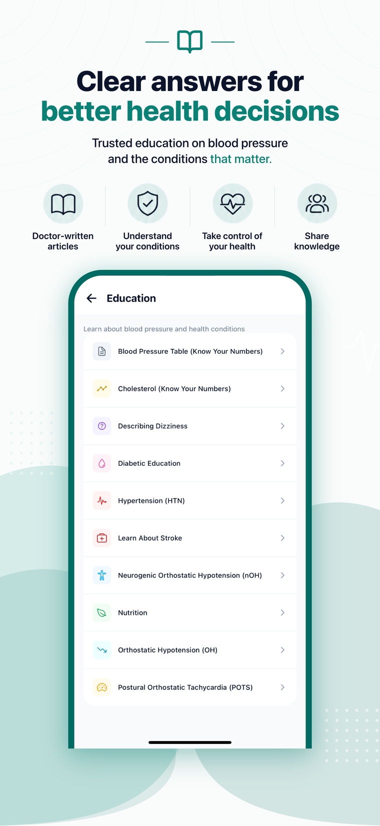 In-app Education library of physician-written health articles
