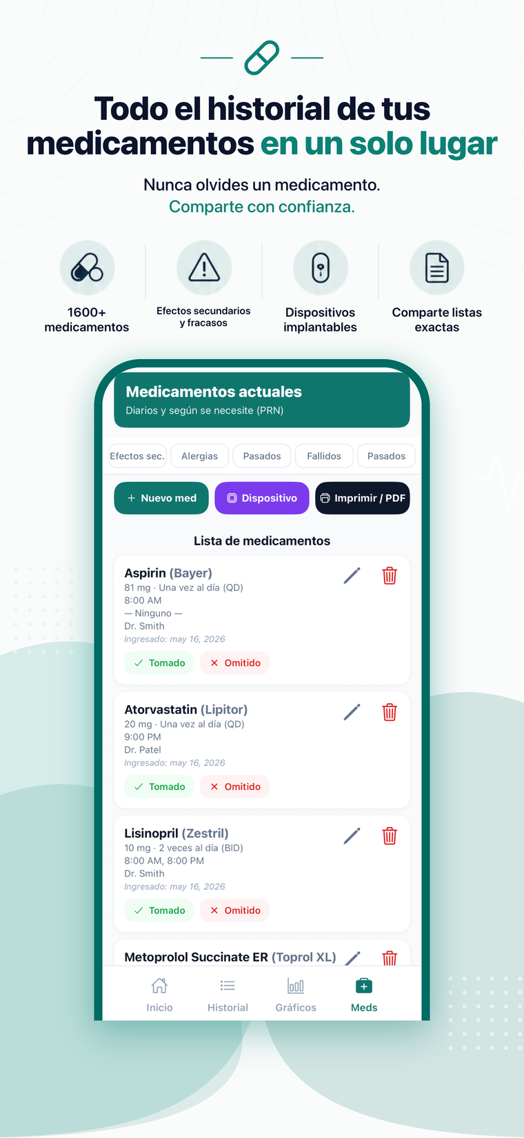 Pantalla de la lista de medicamentos