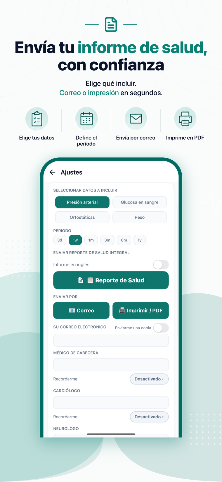 Pantalla de exportación del informe de salud