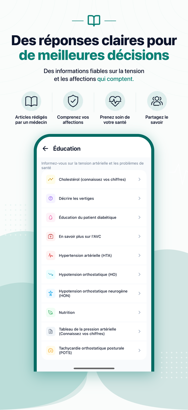 Bibliothèque d’Éducation intégrée à l’application avec des articles de santé rédigés par des médecins
