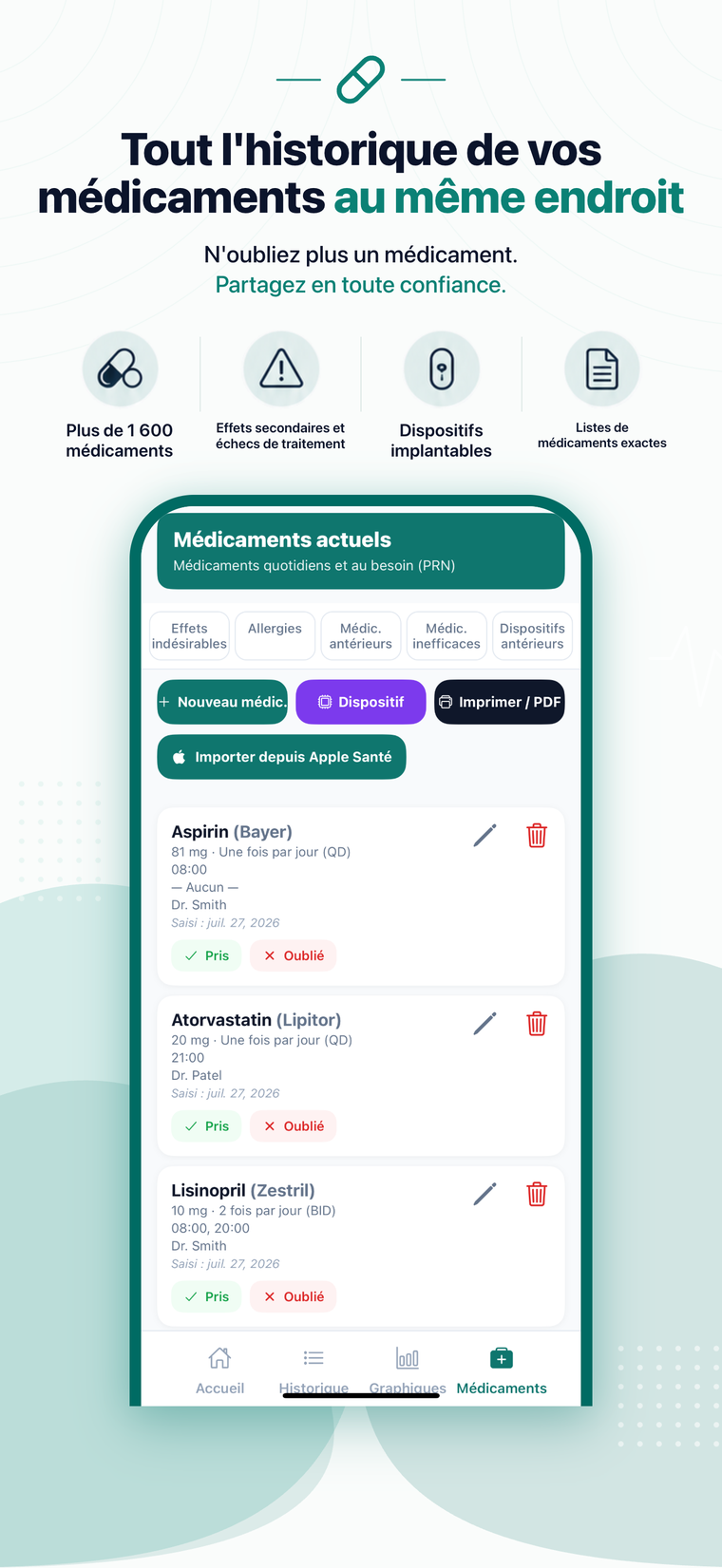 Écran de la liste des médicaments