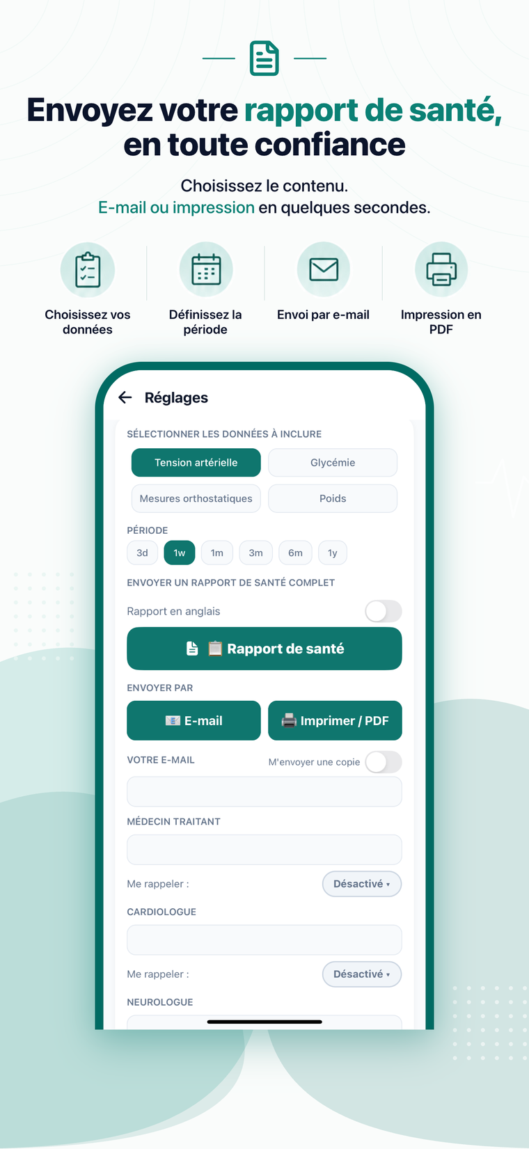 Écran d’exportation du rapport de santé