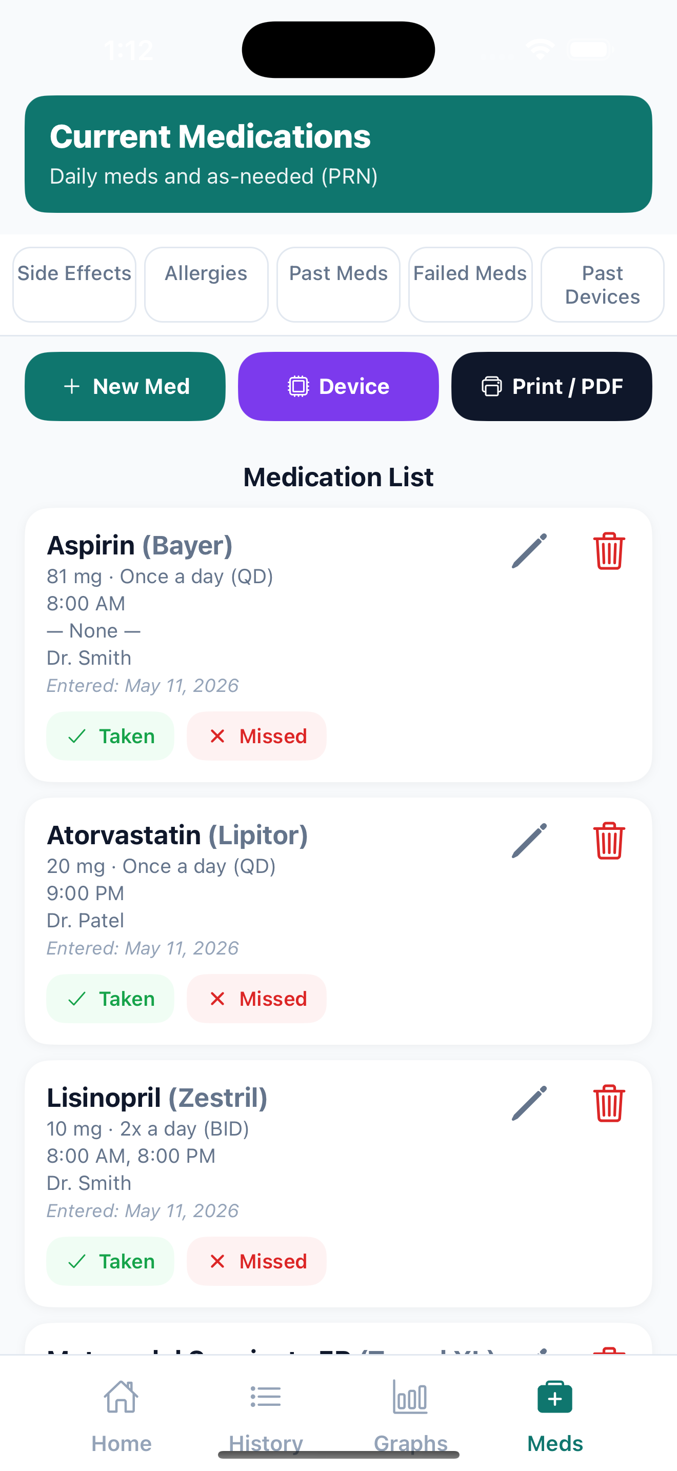Medication list screen