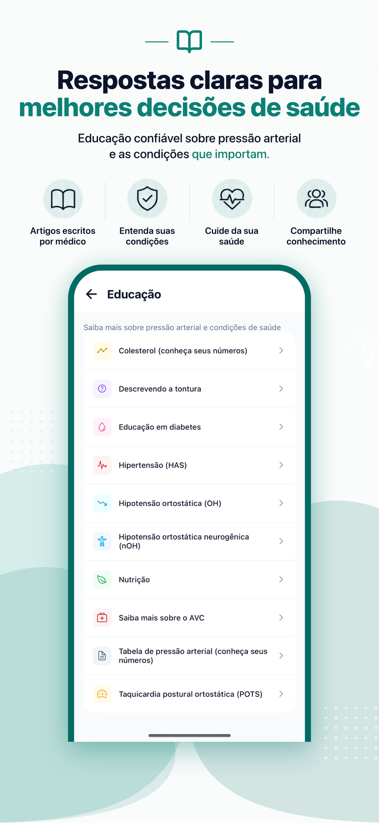 Biblioteca de Educação no app com artigos de saúde escritos por médicos