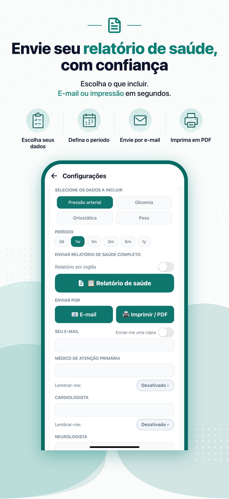 Tela de exportação do relatório de saúde