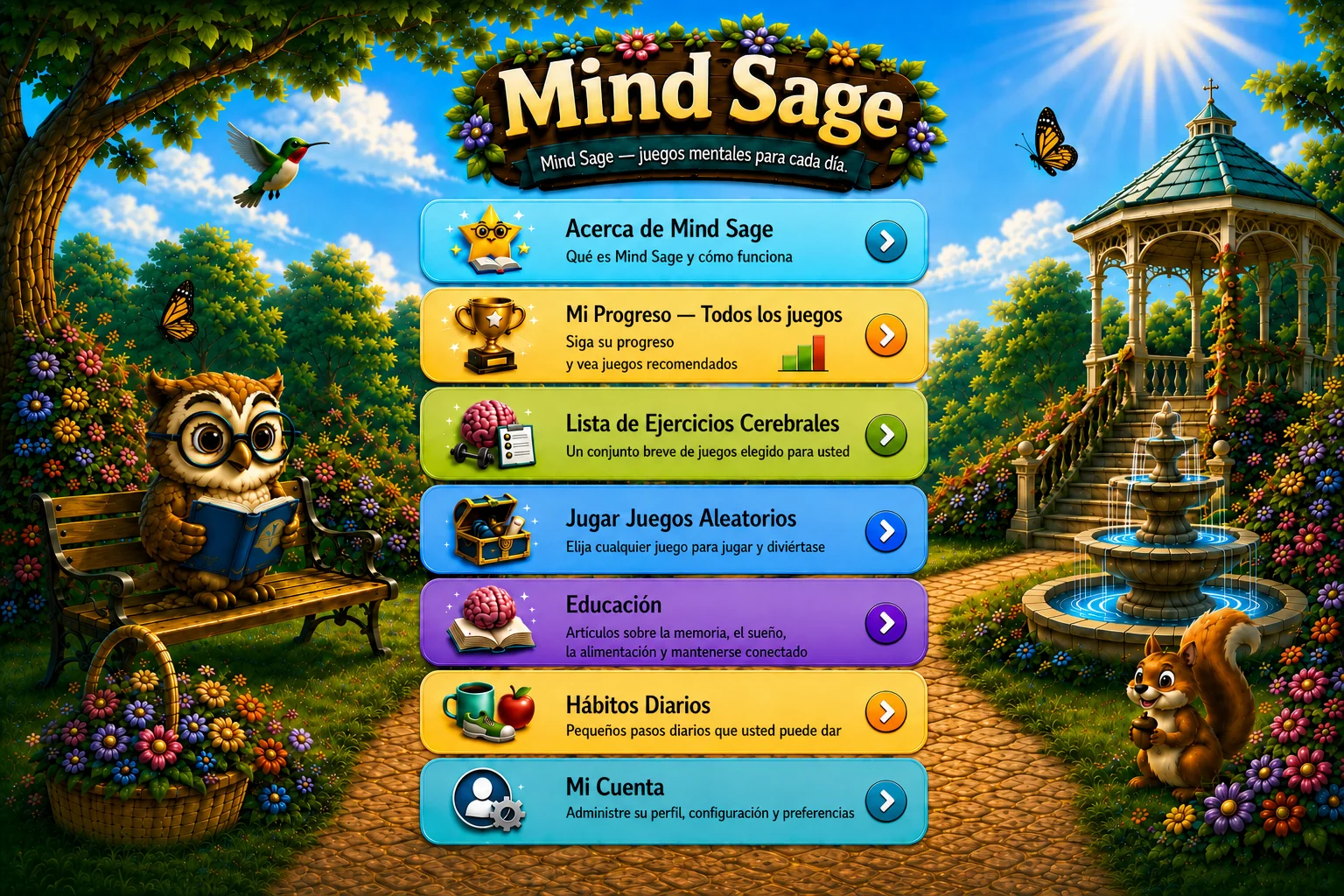 Pantalla de inicio de Mind Sage con el menú de ejercicios mentales