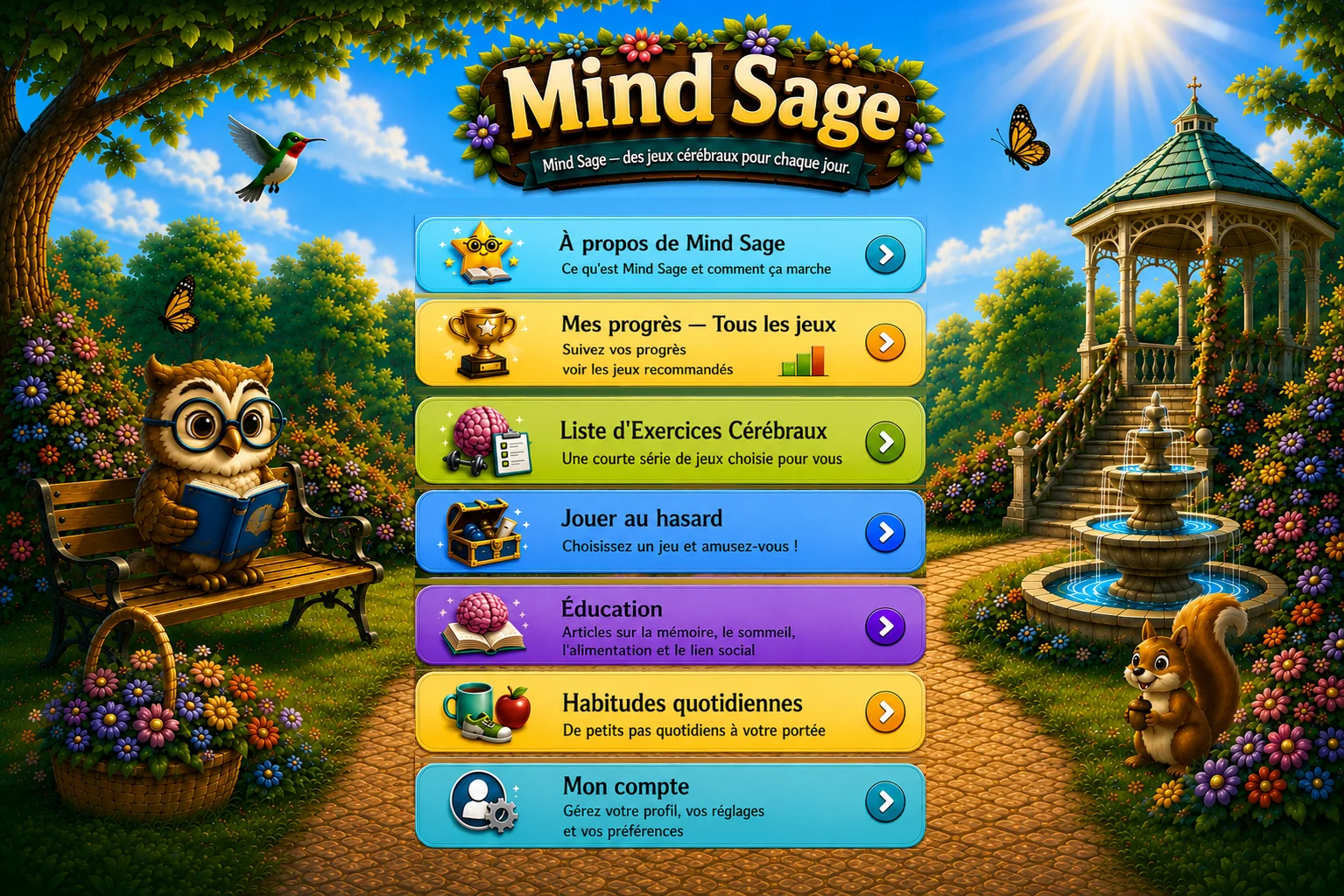 Écran d’accueil de Mind Sage avec le menu des exercices cérébraux