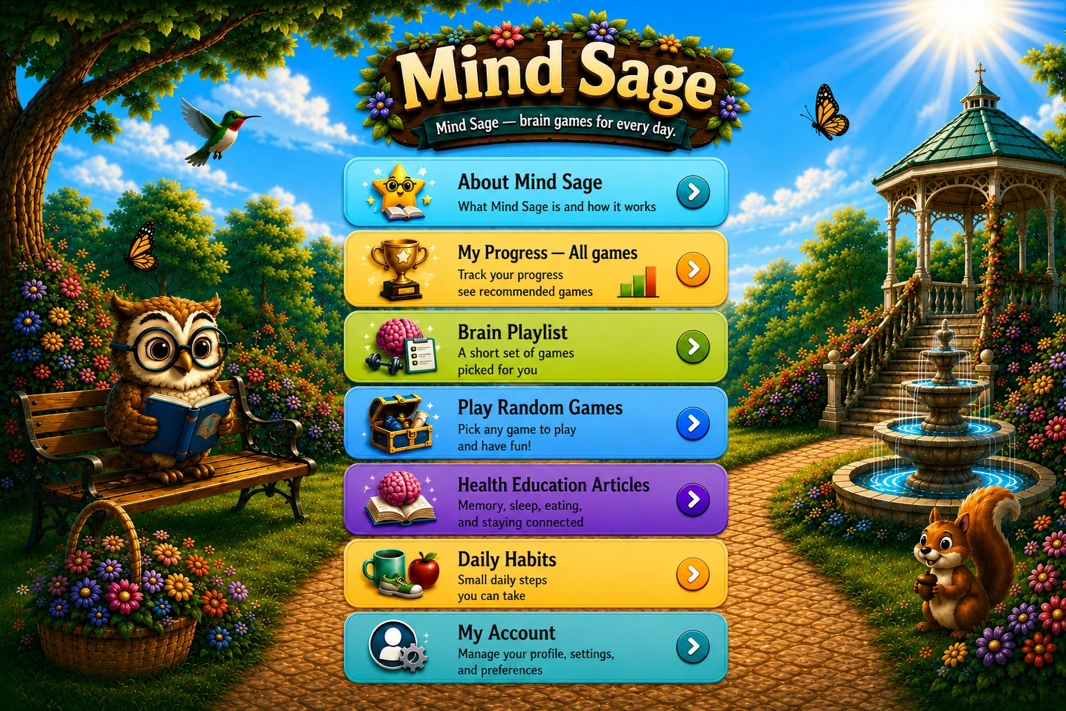 Mind Sage home screen with brain-training menu