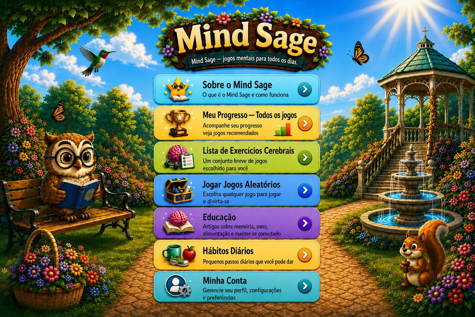 Tela inicial do Mind Sage com o menu de exercícios mentais